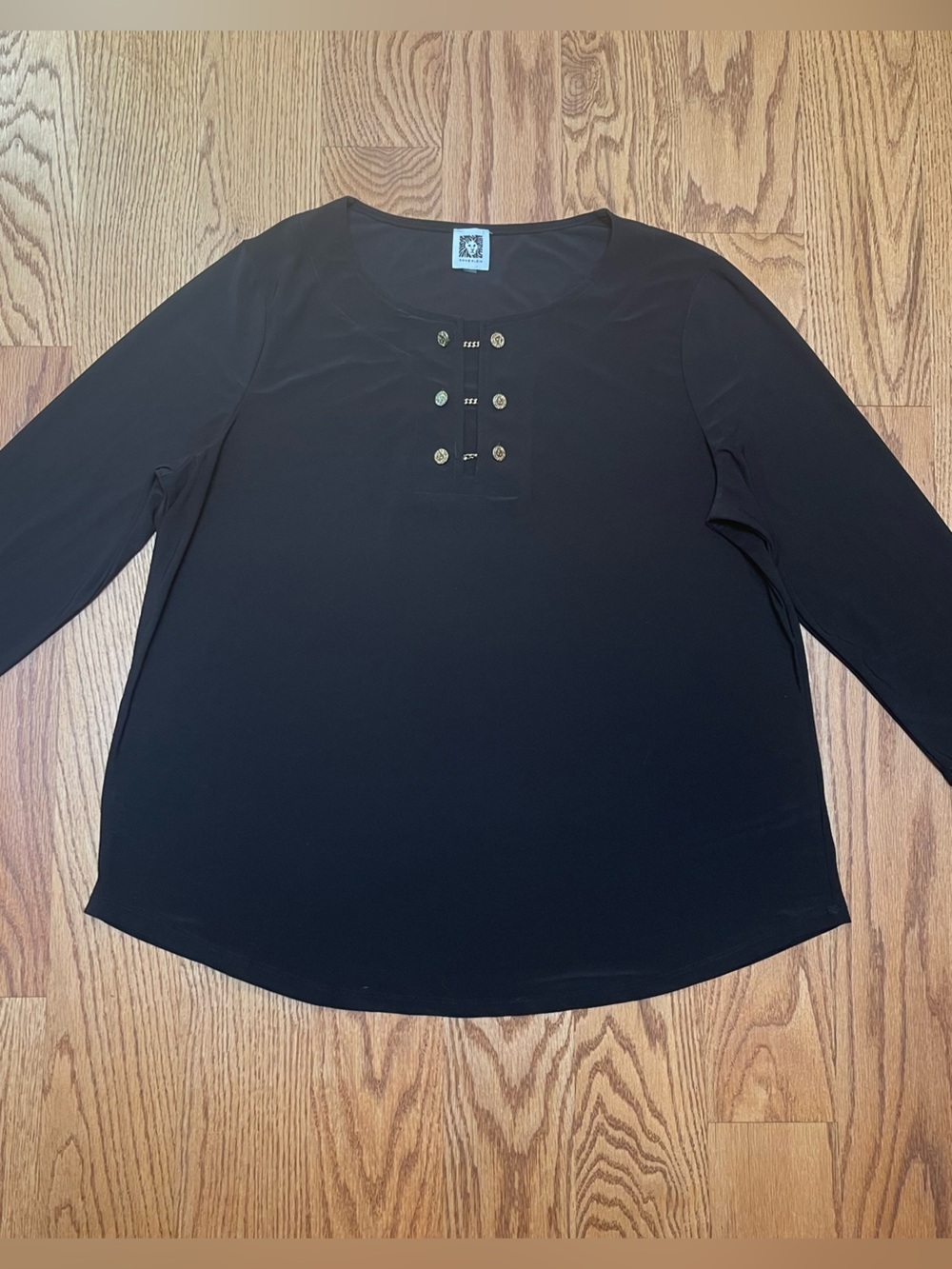 Anne Klein Black Three Quarter-Sleeve Crewneck Top